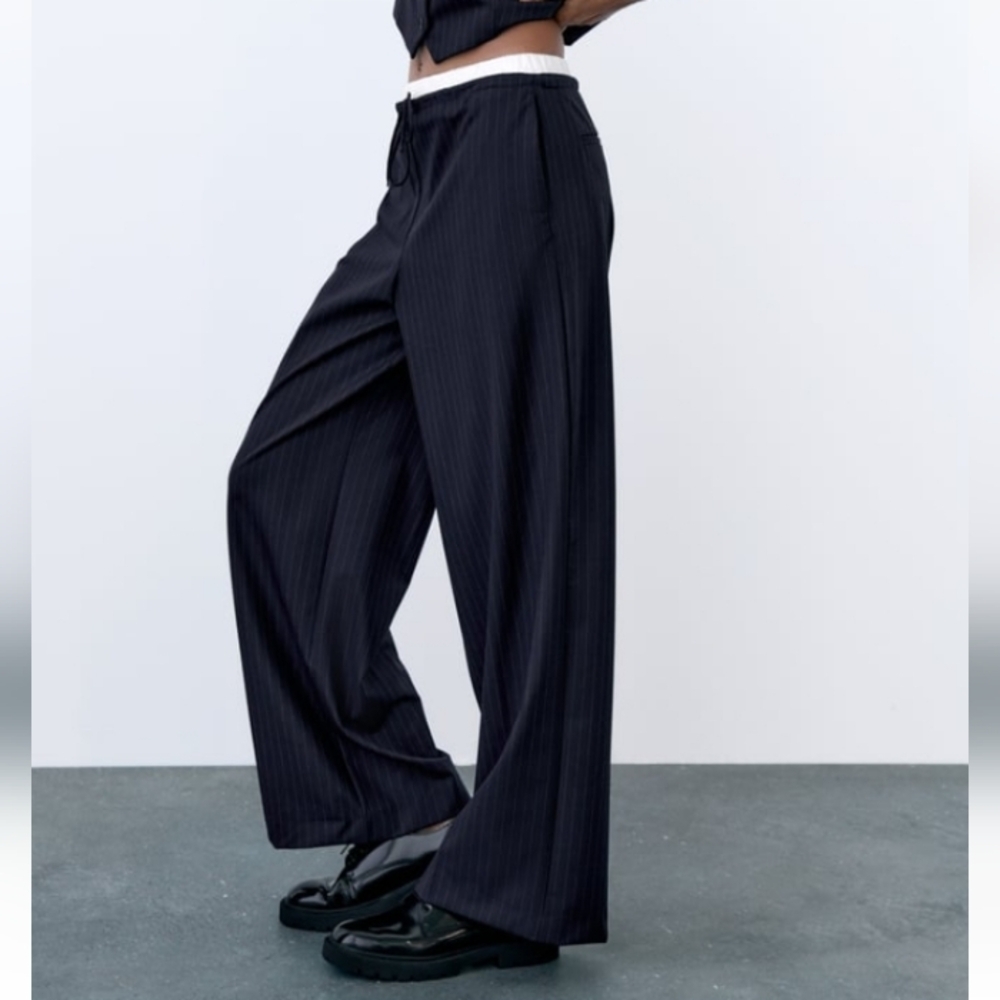 NWT Zara Navy Pinstripe Straight-Leg Pants - Picture 4 of 13